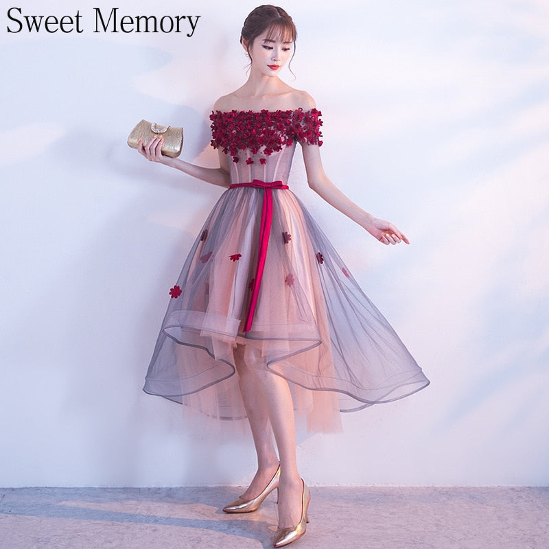 Homecoming Dresses: Dark Red Purple Prom Dresses With Flowers Boat Neck Lace