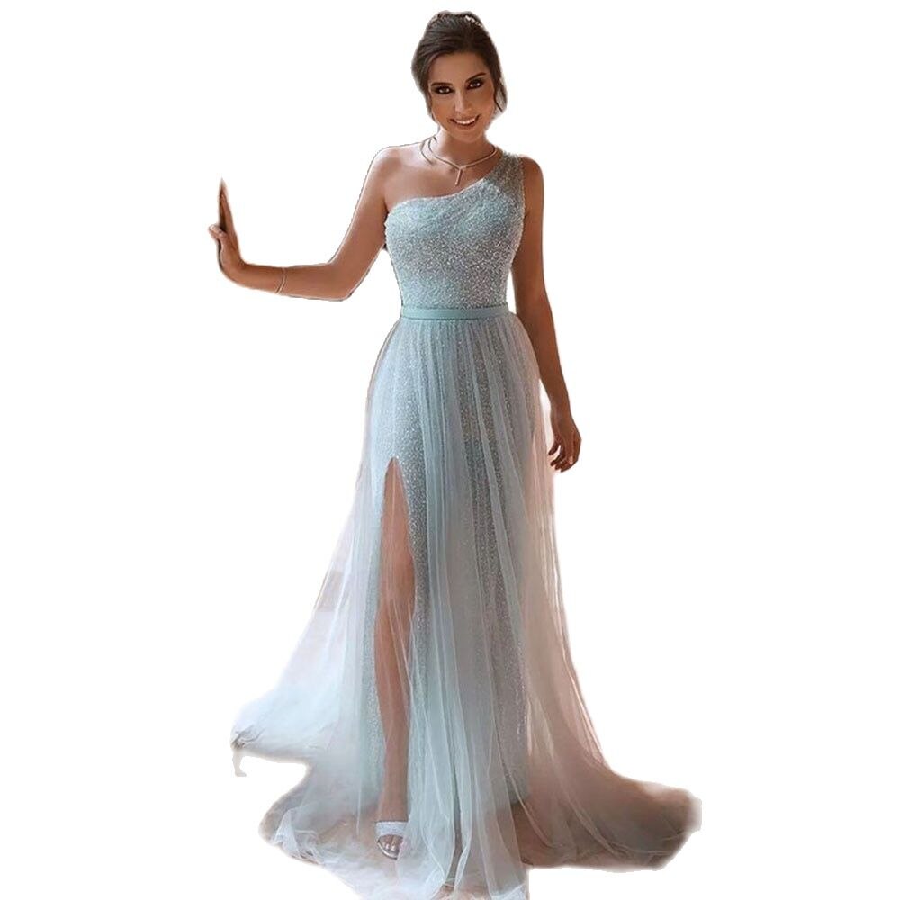 Homecoming Dresses: Sky Blue One Shoulder Sequined Prom Dress