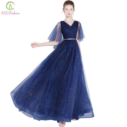 Simple Prom Dress V-neck Navy Blue Shining Floor-length