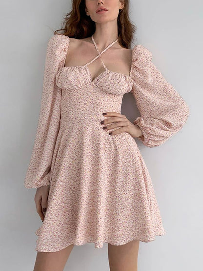 Floral Dress Women Lantern Long Sleeve Ruched Print A Line Square Neck Tie up Mini Vestidos Sexy Chic Summer Beach Dress