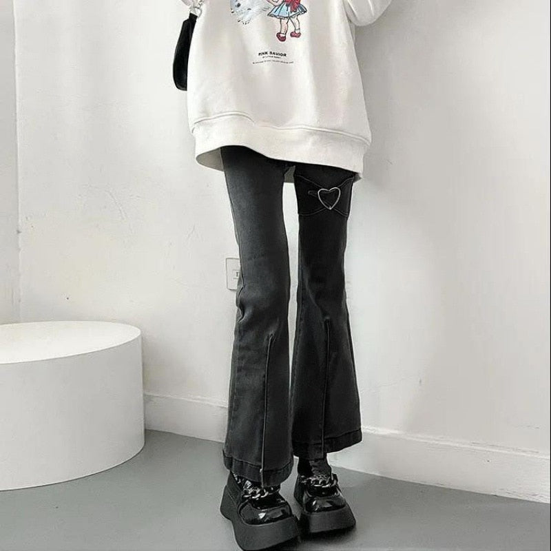Jeans for Women Vintage Black Denim Flare Pants Street Wear High Waist Slim