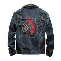 Fashion Streetwear Men Jacket Retro Blue Indian Chief Embroidery Denim Jackets