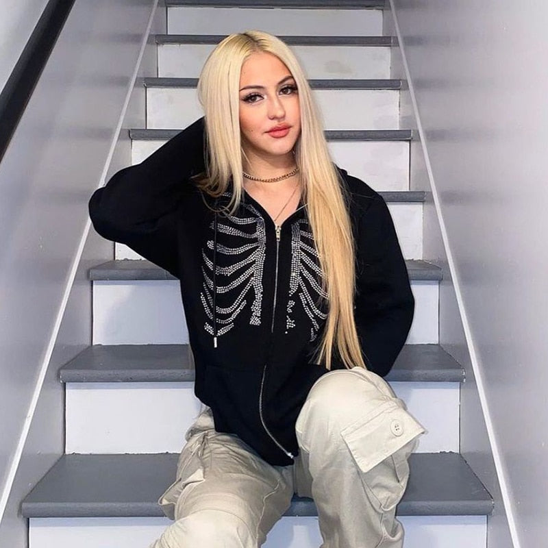 Rhinestone Skeleton Hoodies Women Gothic Black Zip Up Oversized