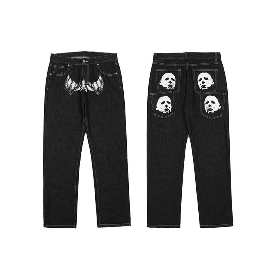 Men jeans solid color head print American y2k retro straight loose large size