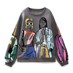 Zevity Women Fashion Modern Ladies Print Loose Fleece Sweatshirts Female