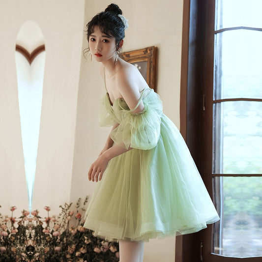 Beauty-Emily Mint Green Short Prom Dress Spaghetti Strap Tiered Tulle