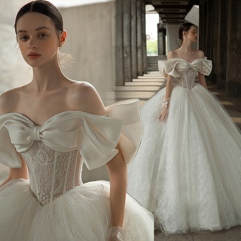 Off The Shoulder Sweetheart Neck Shiny Beading Pearls Bow Tulle Lace Bow Ball Gown Wedding Dresses With 100cm Chapel Train