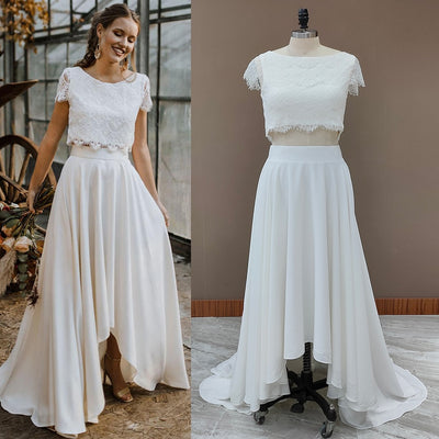 Two Piece Lace Boho Wedding Dress Crop Top Bohemian Princess Scoop Buttons Cap Sleeves High Low Maxi Beach Chiffon Bridal Gown
