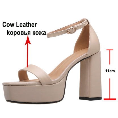 Shoes Women Genuine Leather Ankle Strap Sandals High Heel Platform