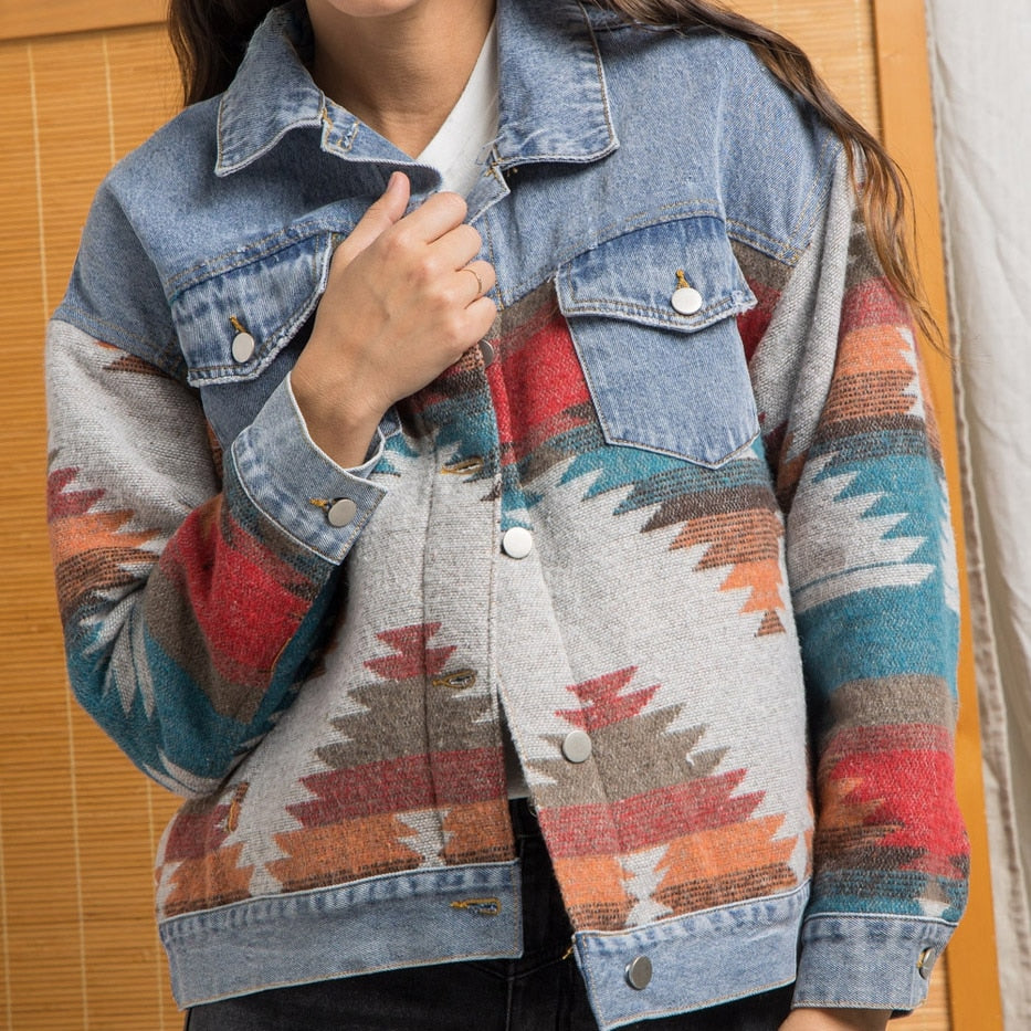 Retro Denim Jacket Long Sleeved Lapel Loose Denim Stitching Woolen