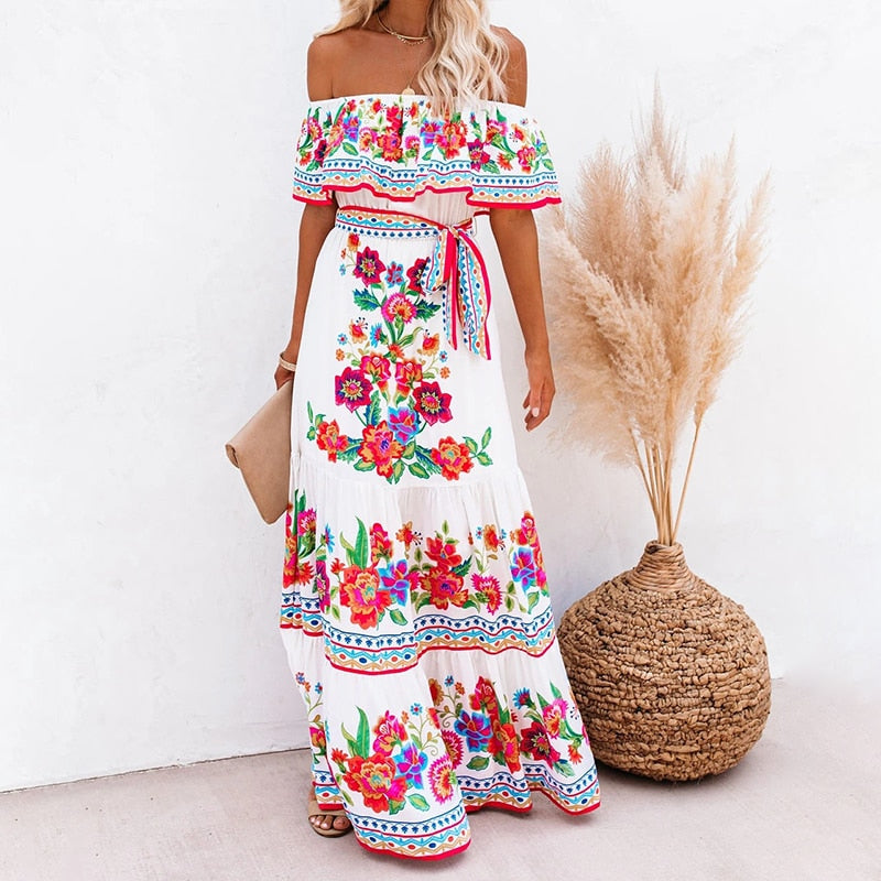Summer Print Vintage Long Dresses For Women Sexy Off-Shoulder Ruffle
