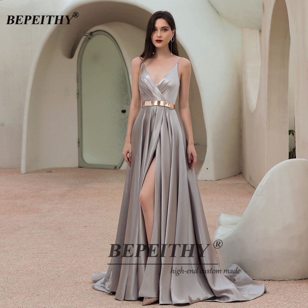 Homecoming Dresses: A-Line Prom Dress High Slit With Sash Court Train V Neck