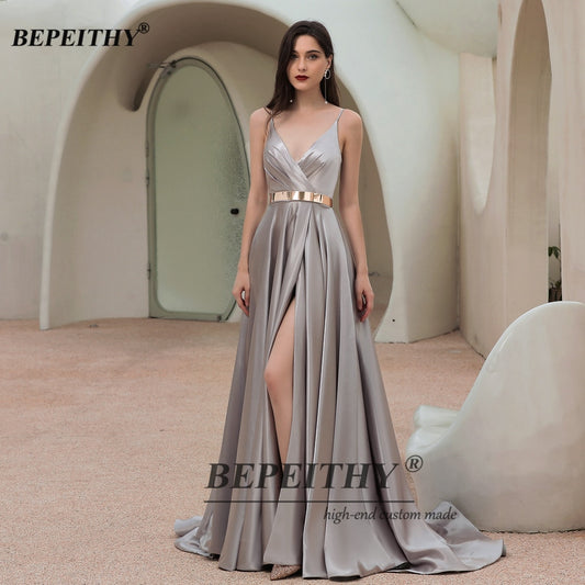 Sleeveless A-Line Prom Dress High Slit With Sash Court Train V Neck