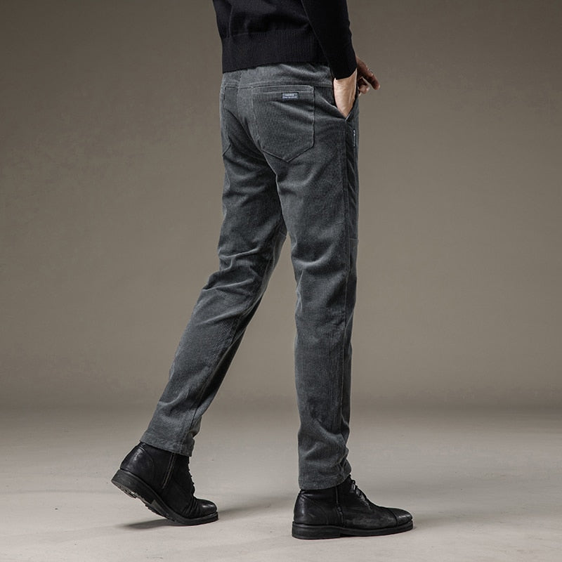 Winter Fleece Warm Corduroy Pants Men Stretch Thick Elastic Waist Fluff Pant