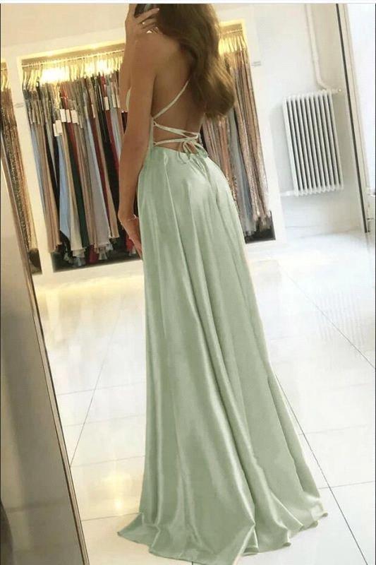 Homecoming Dresses: A-line Long Satin Prom Dresses Women Simple Spaghetti Straps