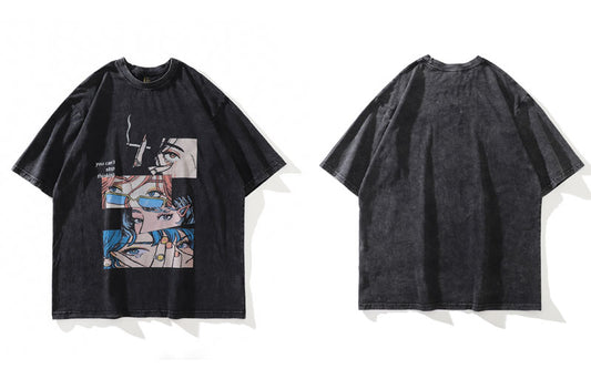 Distressed Oversize grunge T Shirt Streetwear Japanese Anime Eyes Print Retro