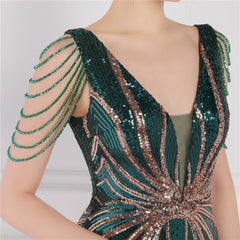 Green Sequin Long Evening Dress Luxury Beading Formal Dress Women Elegant