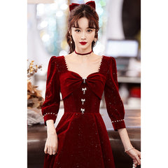 Burgundy Velvet Prom Dress Sweetheart Collar Long Sleeve A-Line Party Dress