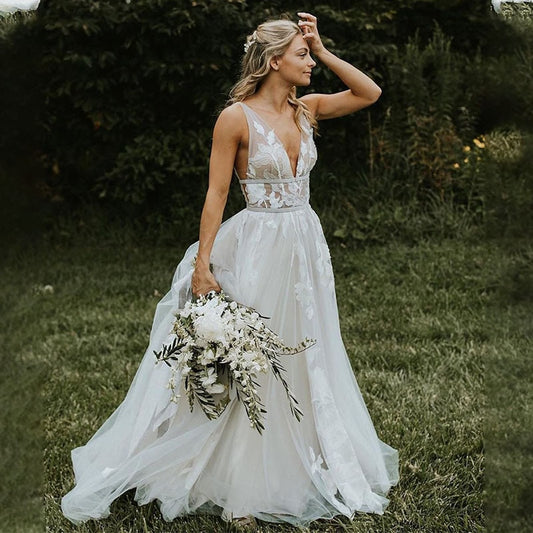 White Bridesmaid Dresses: Wedding Dress Boho A-line Backless Elegant Floral Appliques