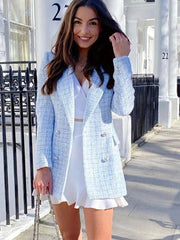 Casual Women Tweed Blazer Vintage Office Lady Jacket Coat Double Breasted