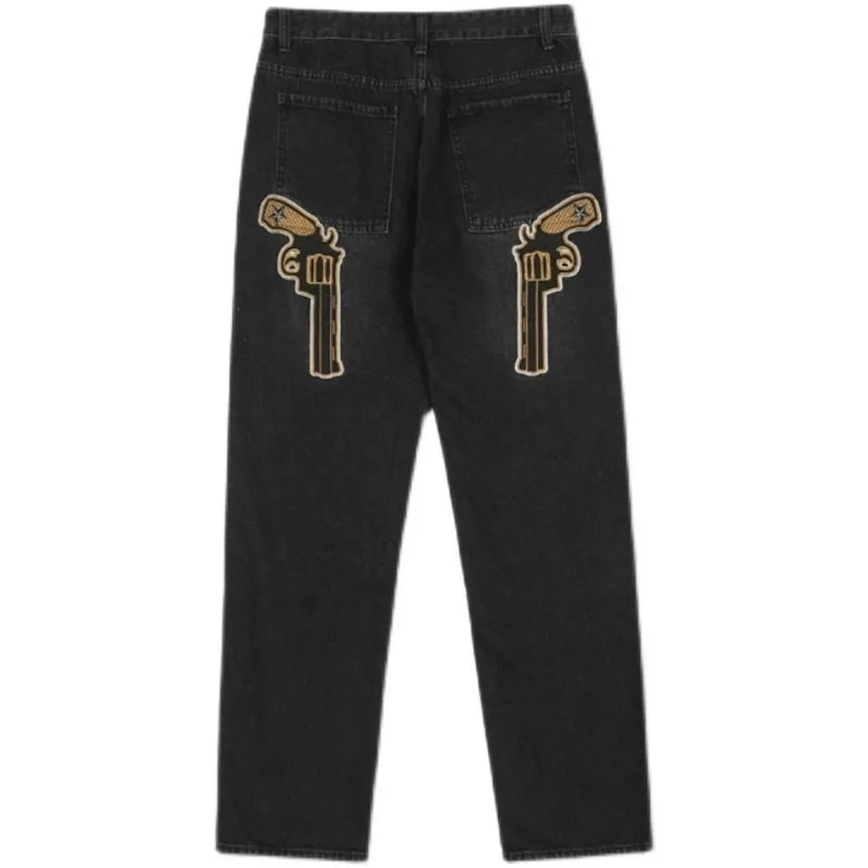 Men jeans solid color head print American y2k retro straight loose large size