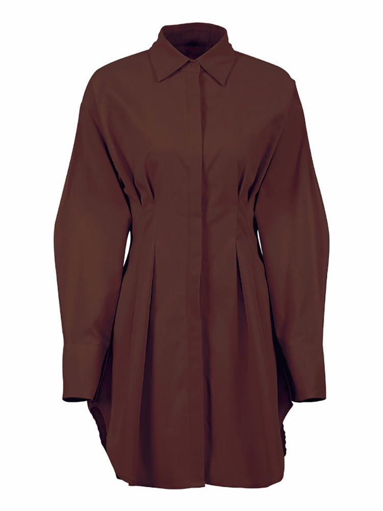 Bodycon Dress Women Khaki Long Sleeve Pleated Shirt Dress Office Ladies Solid Lapel Casual Mini Dress