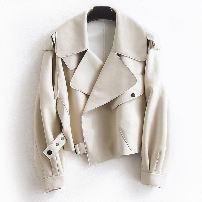 Spring Women Short Faux Leather Jacket Single Button Black Coats