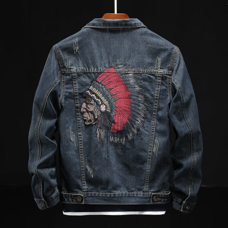 Fashion Streetwear Men Jacket Retro Blue Indian Chief Embroidery Denim Jackets