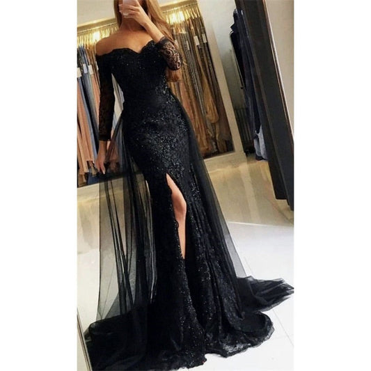 White Bridesmaid Dresses: Wedding Dress Black Tulle Split Off The Shoulder Lace Crystal