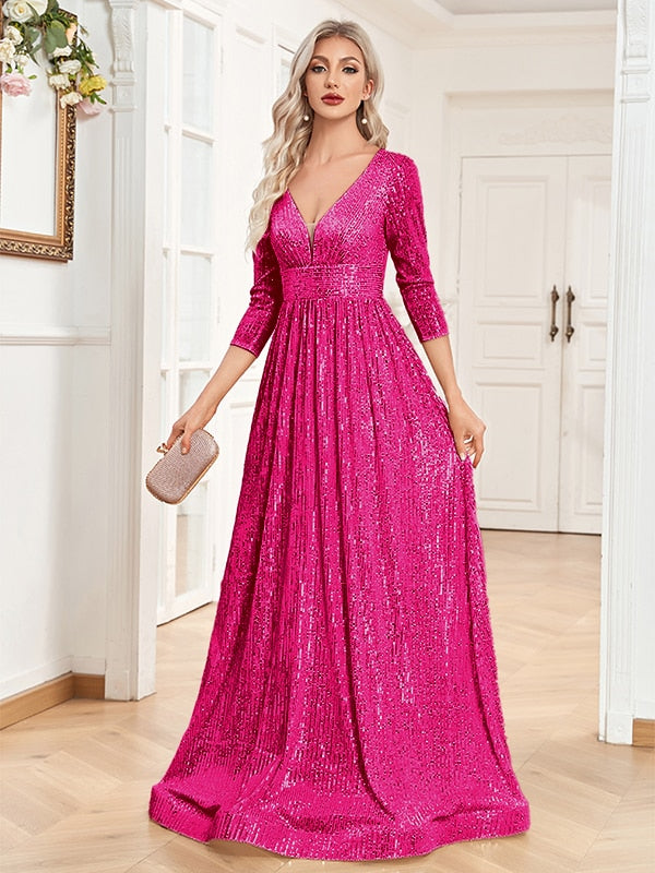 Evening wear Dresses: Women Beading Dress Long Prom Gowns V Neck Long Sleeves
