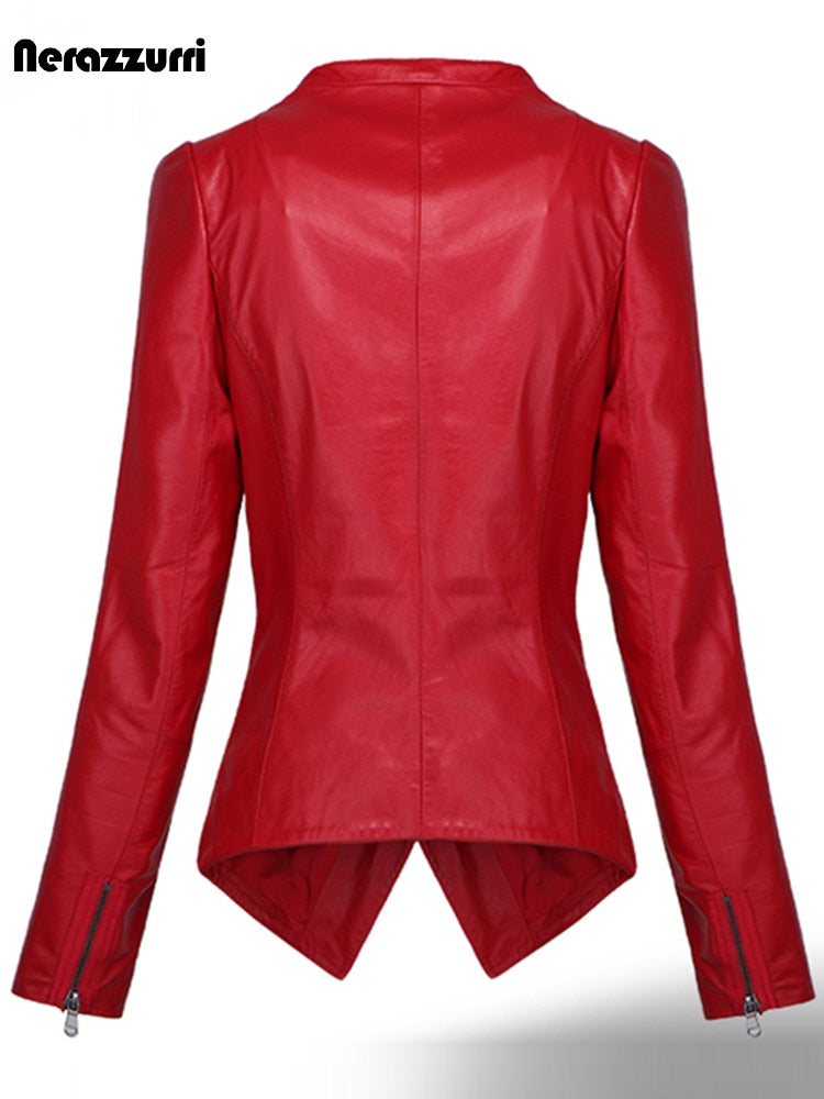 Spring Short Red Black Leather Jacket Long Sleeve Single Button Slim