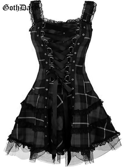 Goth Dark Plaid Bandage Gothic Women A-line Dresses Grunge Aesthetic Lace