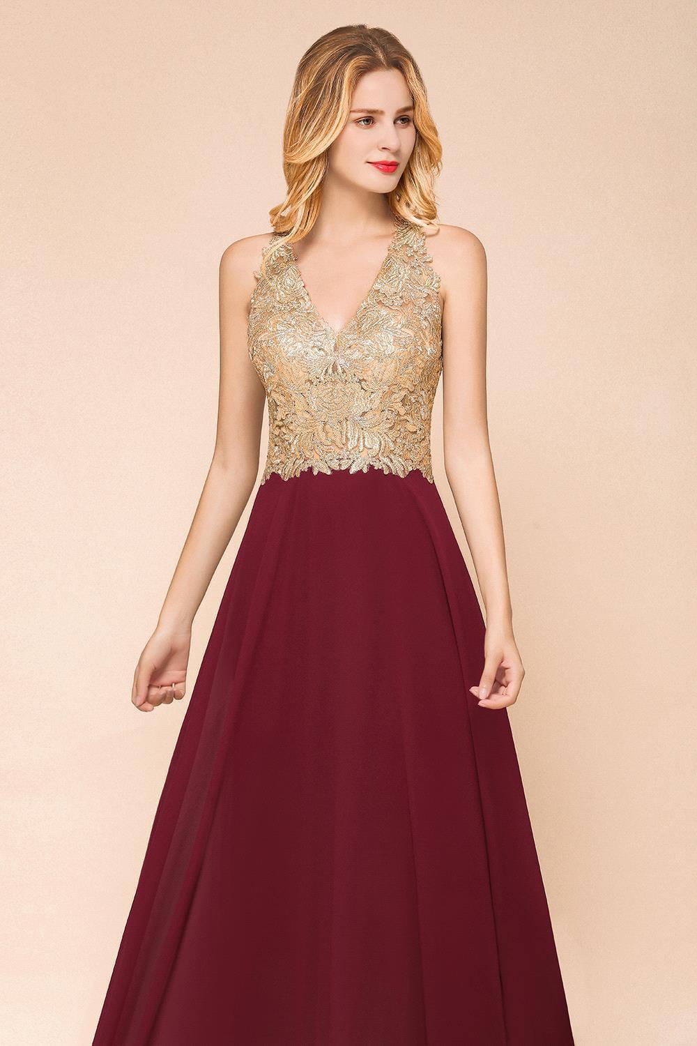 Homecoming Dresses: Long Prom Dresses V Neck Sleeveless Gown Gold Lace Applique