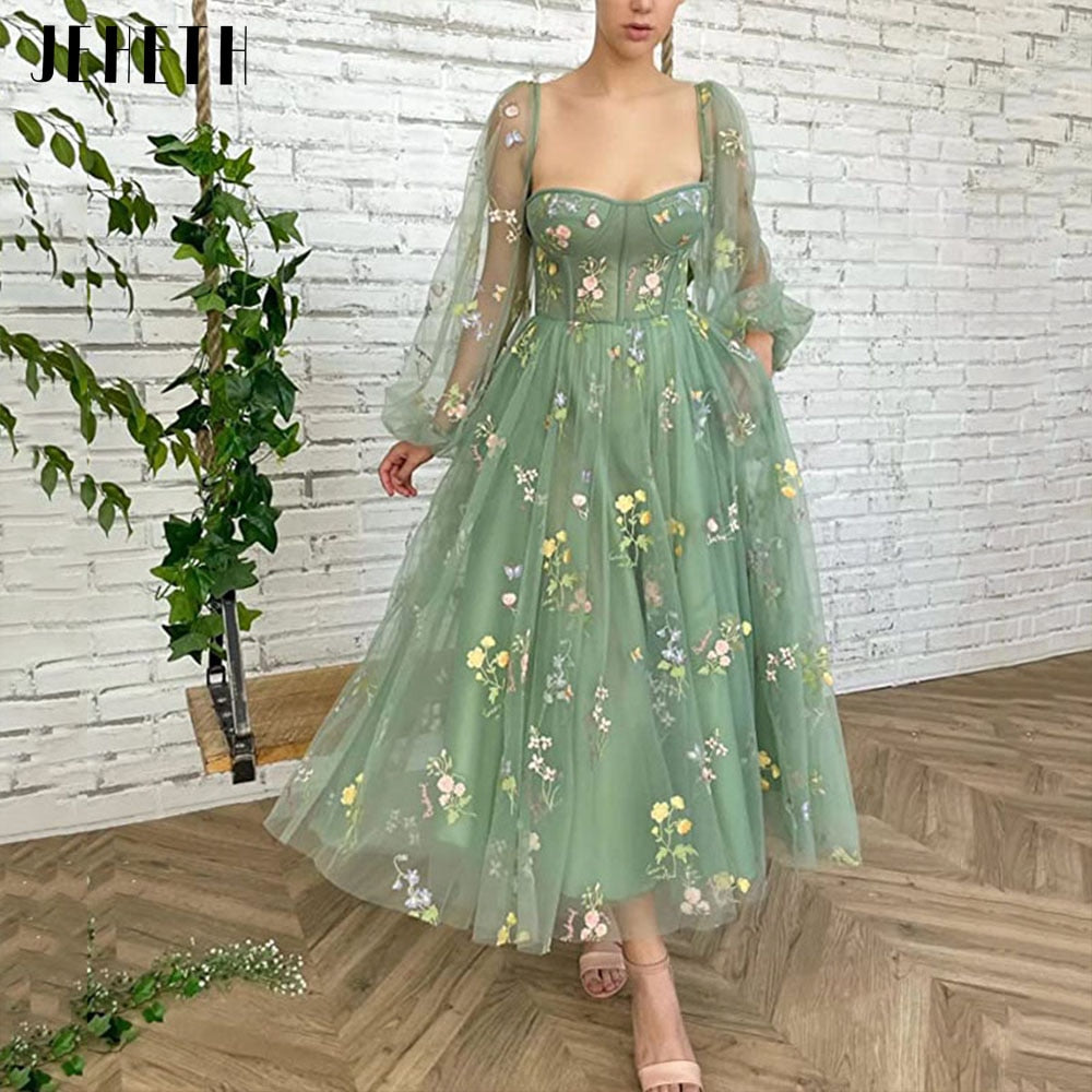 Homecoming Dresses: Mint Green Embroidered Lace Tulle Pastoral Prom Dress Puff