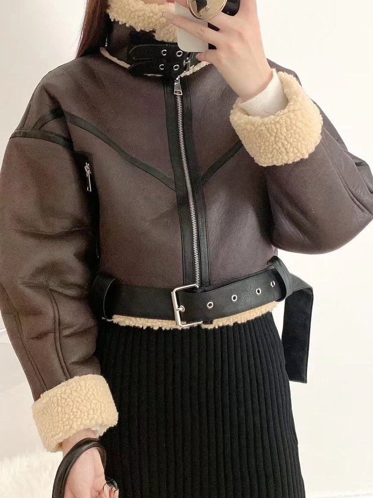 Winter Women Streetwear Faux Lamb Leather Fur Short Jacket