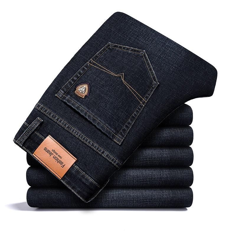 autumn spring fitted straight stretch denim jeans classic style badge youth men