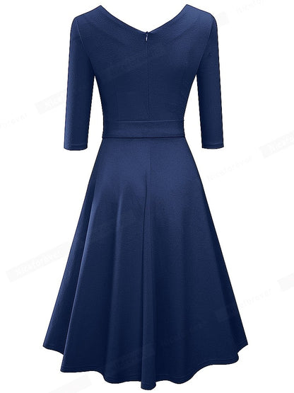 Spring Pure Color with Sash Retro Dresses Cocktail Party Flare Swing Women Dress