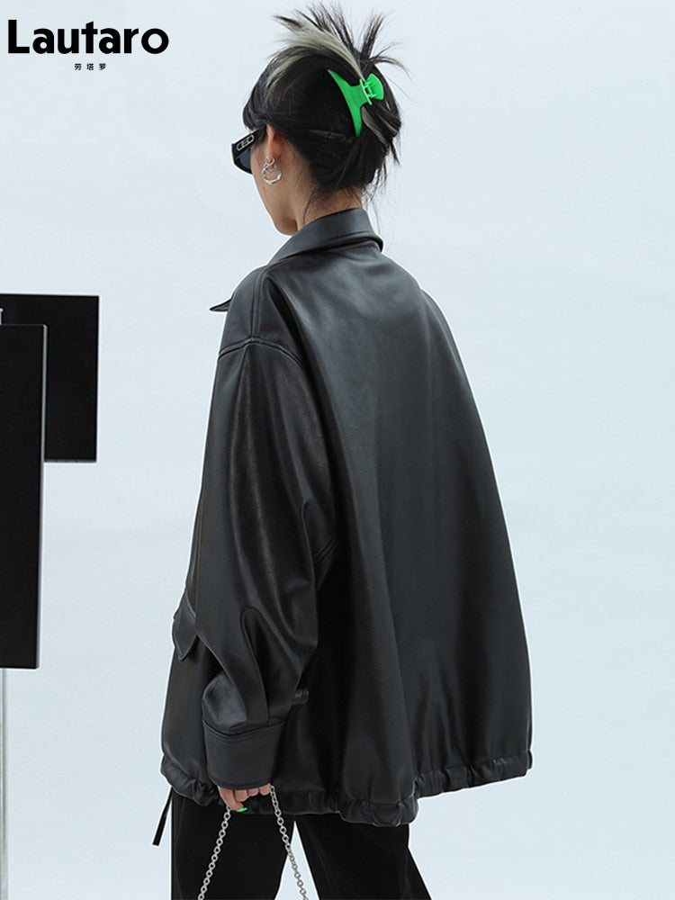 Spring Autumn Oversized Casual Waterproof Black Soft Pu Leather Jacket
