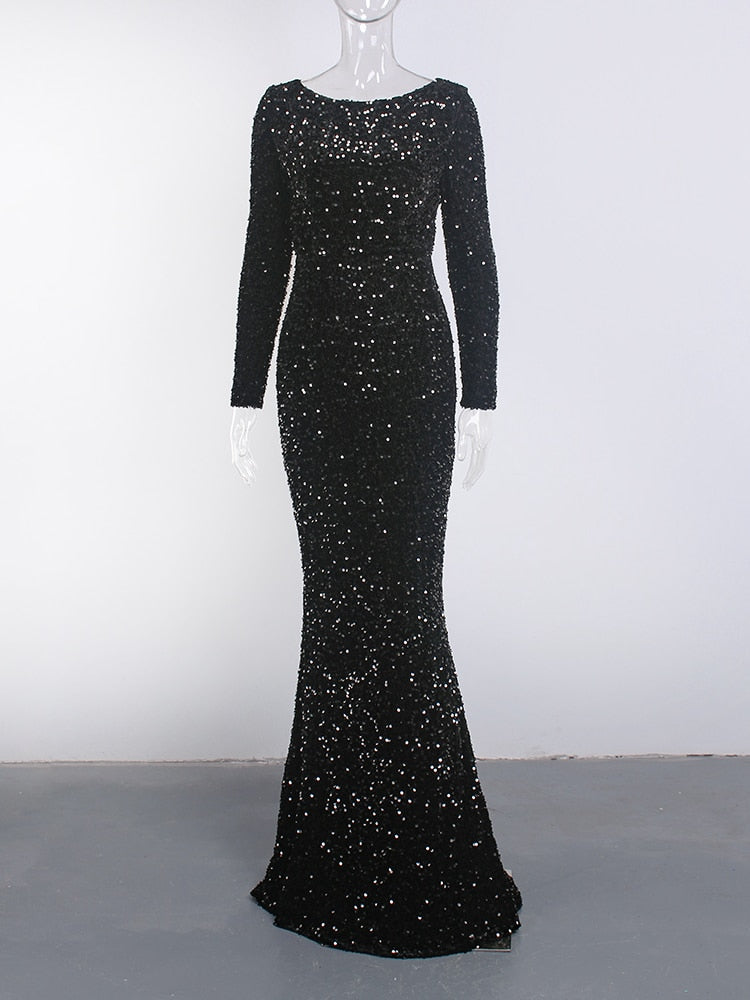Evening wear Dresses: Women Modest Stretch Sequin Royal Blue Evening Prom Gown