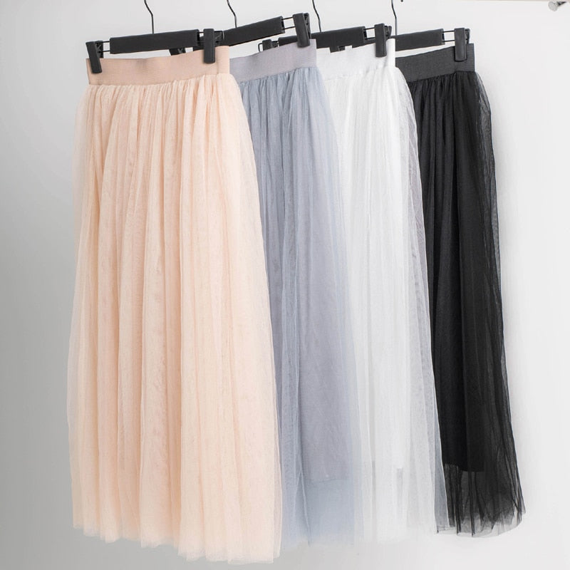 Vintage Bohemian Tulle Long Skirt Women Elastic High Waist  A-line Pleated Mesh