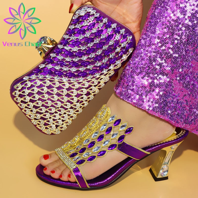 Purple Color Italian Shoes with Matching Bags Shoes and Bag Set African Sets