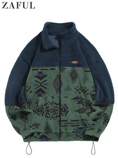 Hoodie for Men Fuzzy Faux Sherpa Zipper Sweatshirts Ethnic Print Fluffy