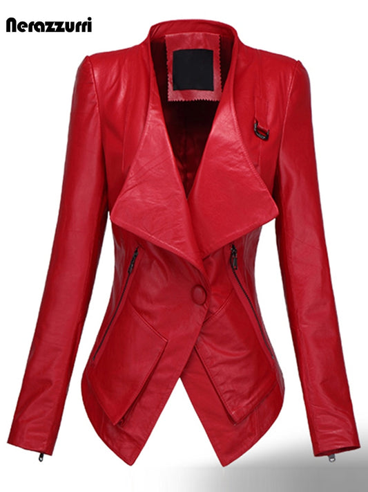 Spring Short Red Black Leather Jacket Long Sleeve Single Button Slim