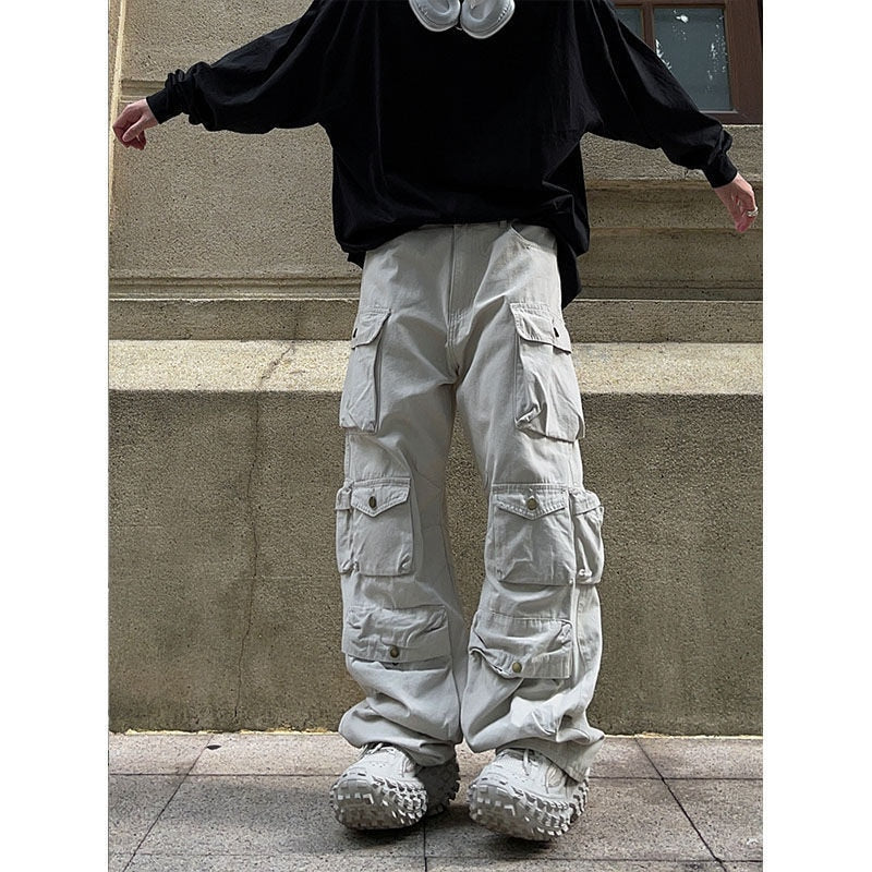 Street Popular White Multi-pocket Overalls Men Harajuku Style