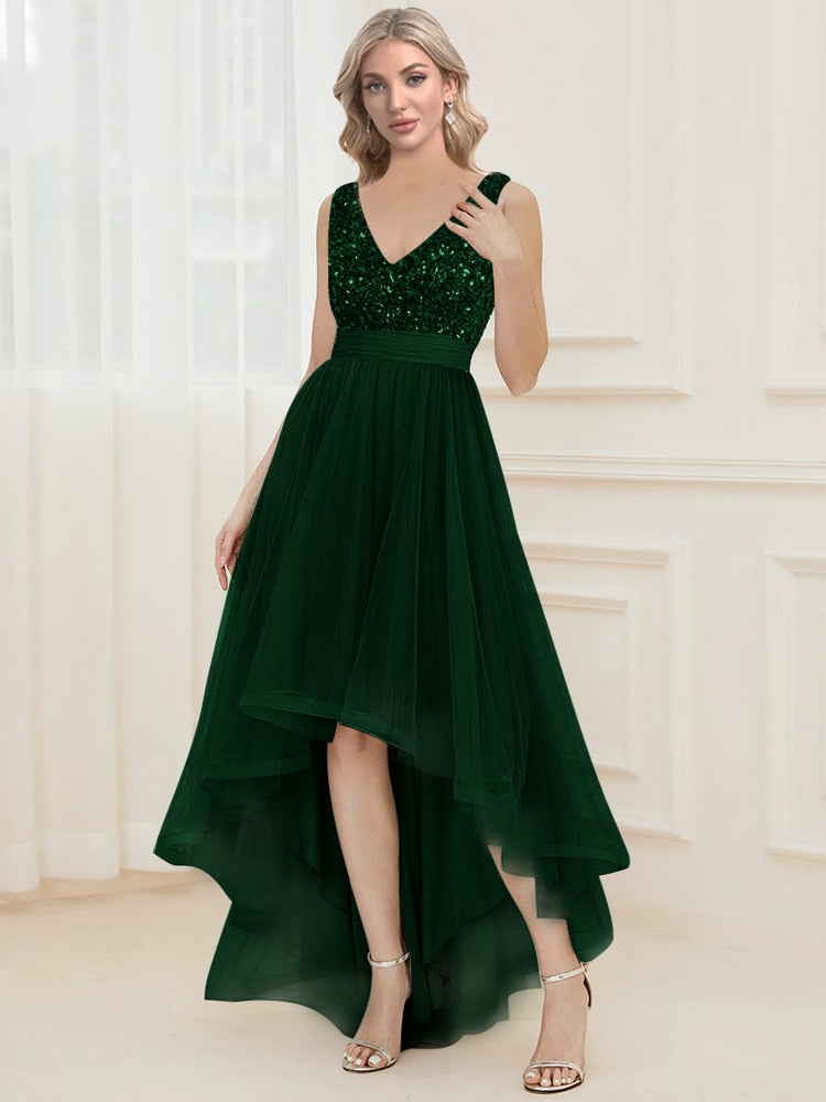 Evening wear Dresses: V-Neck Sleeveless Sequin Floor Length Evening Dress Red