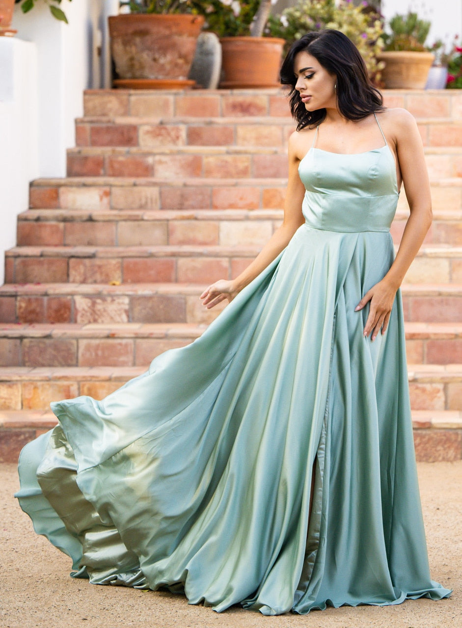 Homecoming Dresses: Prom Dress Satin A-line Gown with Strappy Lace Up Back