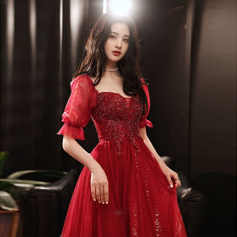 Evening wear Dresses: Prom Dress Sequins Mesh Sleeve Appliques Party Ball Gowns
