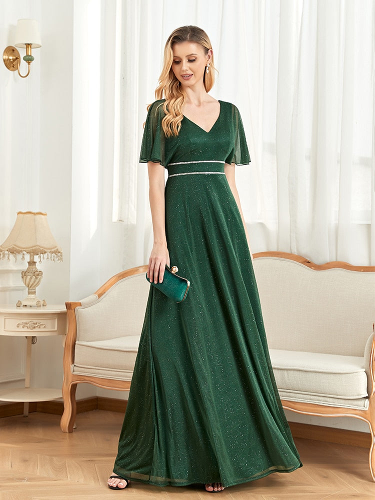 Evening wear Dresses: V-Neck Green Chiffon Split Short Sleeves Bridesmaid
