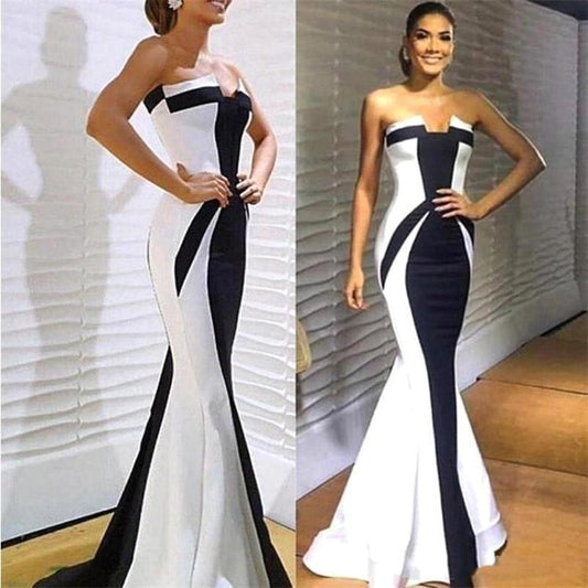 Elegant Black and White Satin Mermaid Prom Dress Strapless Ruched