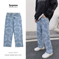 Stylish Ma Siwei Same 3D Jacquard Jeans Mens Loose Straight Leg Fried Yarn